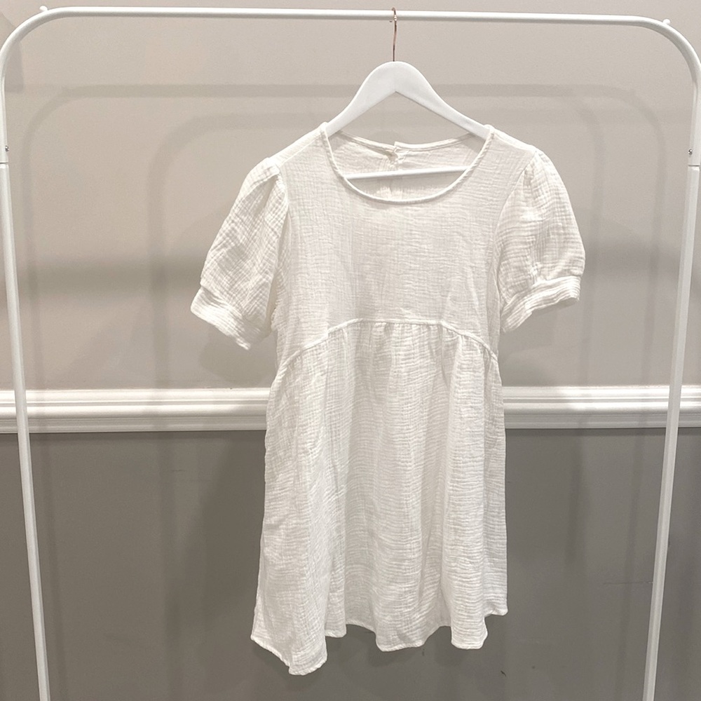 White Babydoll Dress with Puff Sleeves and Buttons Size Small